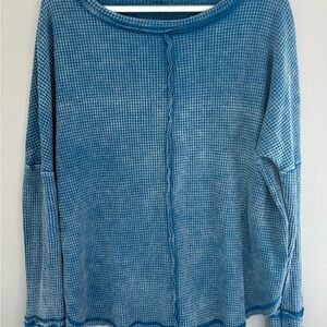 Blue Waffle Knit Long Sleeve Top